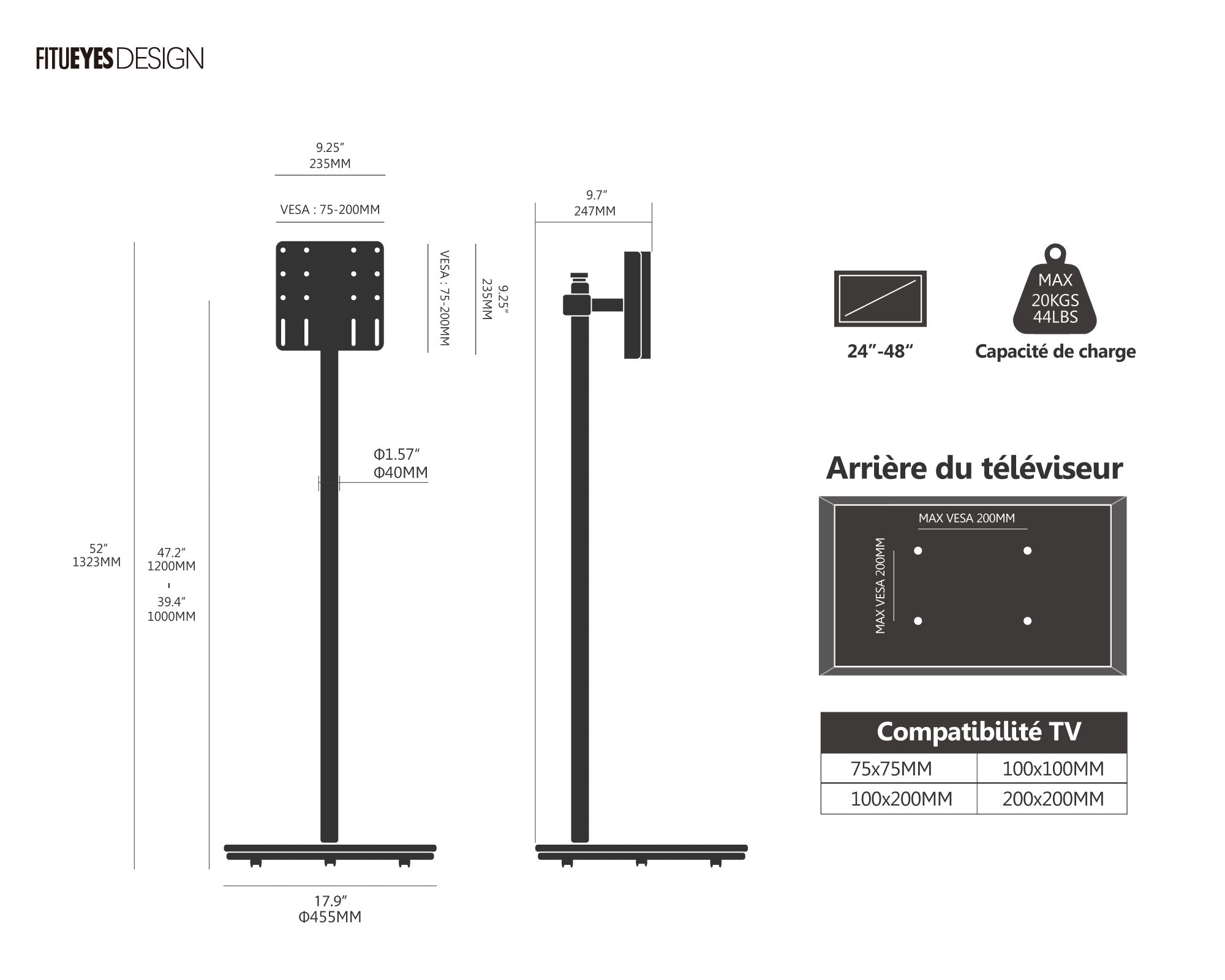 MASTER 2nd Pro ™  Support TV à Roulettes 24"-48"