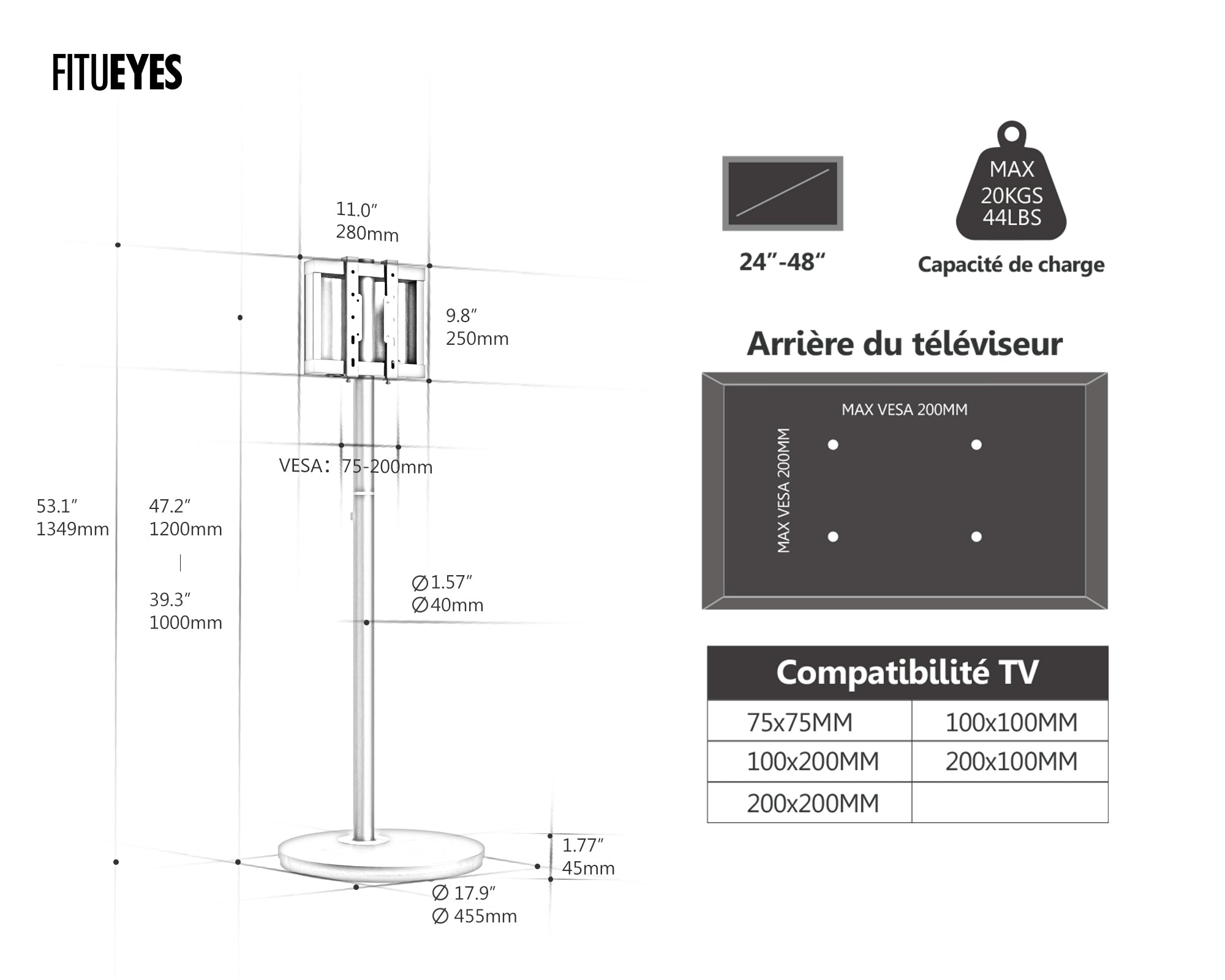 MASTER 2nd ™  Support TV à Roulettes 24"-48"