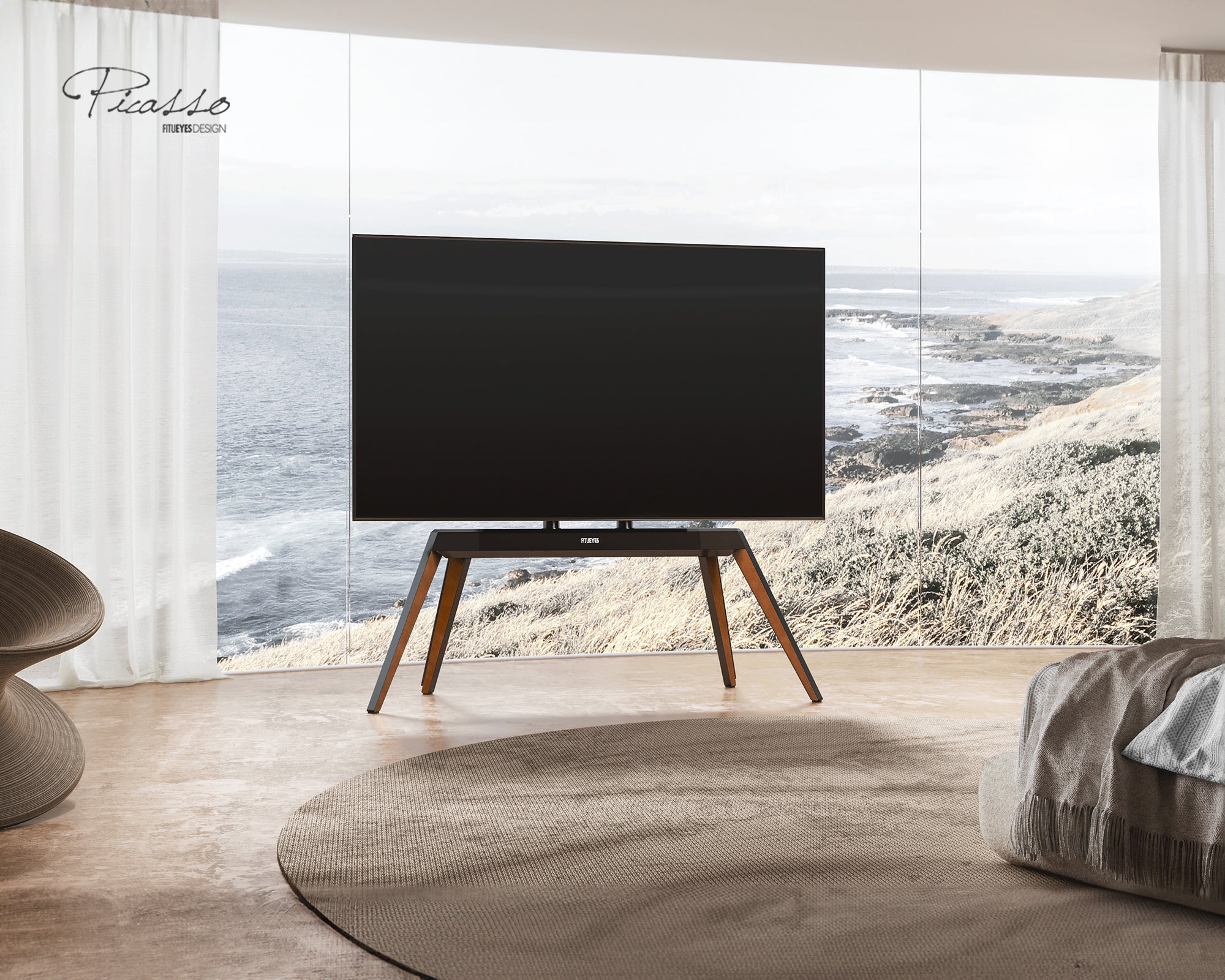 Meuble TV sous les fenêtres panoramiques du sol au plafond#couleur_Noyer